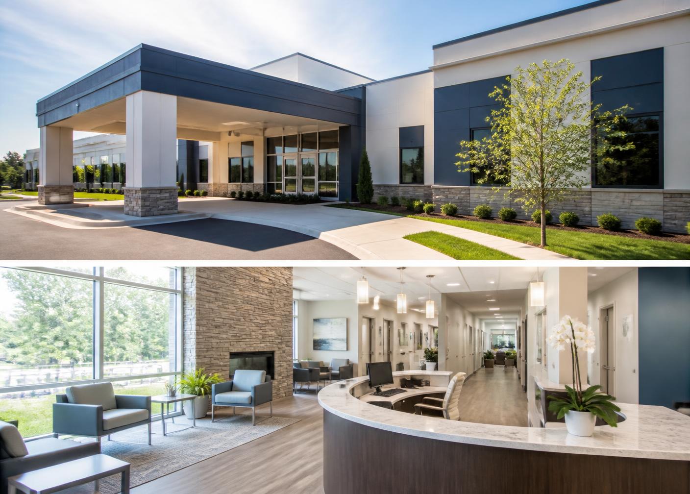 Modern medical office building and reception area
