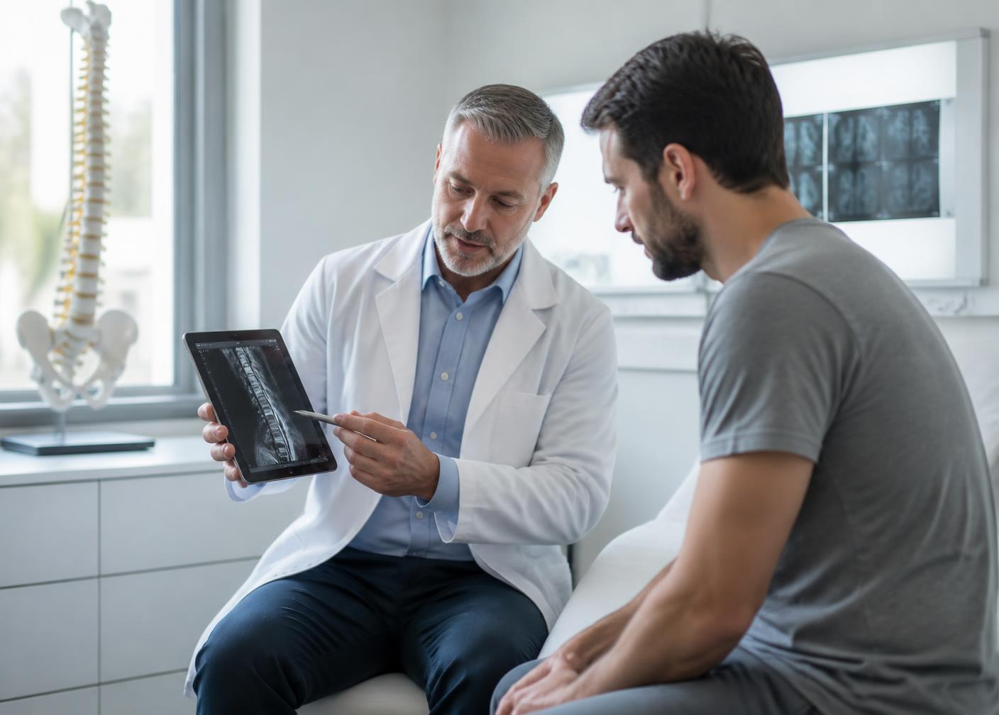 Physician reviewing spine imaging with a patient during a clinical evaluation